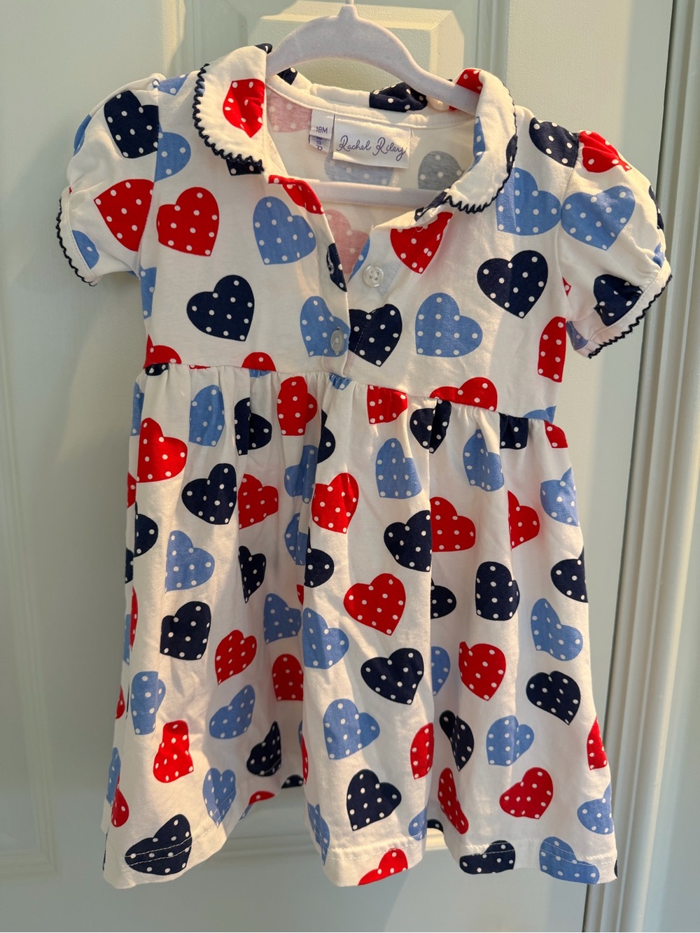Rachel Riley White Dress with Red, Navy & Light Blue Hearts - 18M